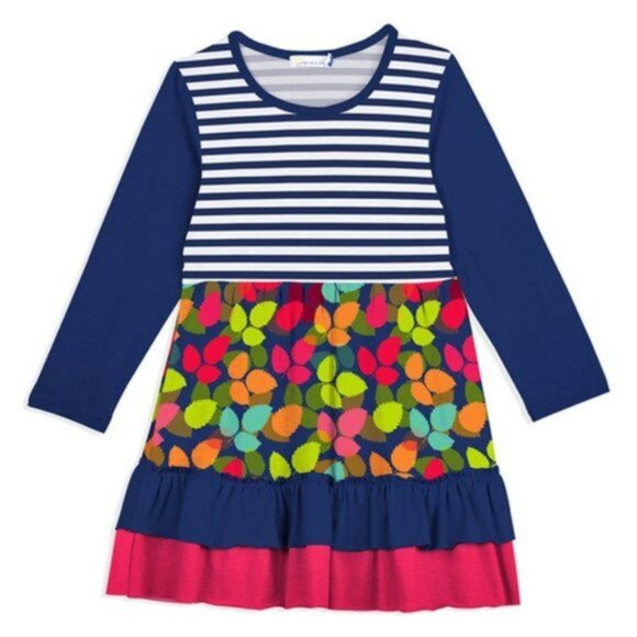 Sunshine Swing | Blue, Red Stripe Leaves Ruffle-Hem Skater Dress | Size 12 - Picture 1 of 11